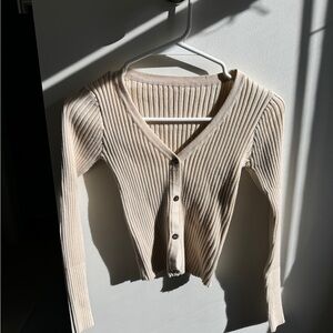 YesStyle - Beige Ribbed Cropped Cardigan